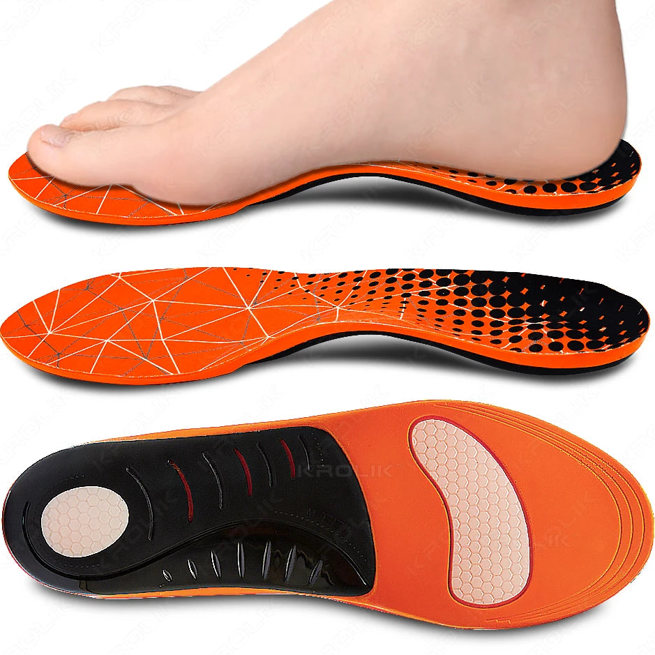 Orange and black shoe insoles with Krolik branding on a white background